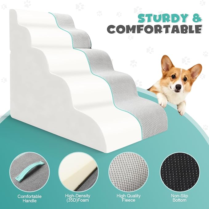 Dog Stairs for High Bed, 27.9 Inch Height 5-Step,Foldable Pet Stairs for Small Dogs and Older Pets,Curved 2 in 1 with Zippers Non-Slip Balanced Pet Ramp,Grey