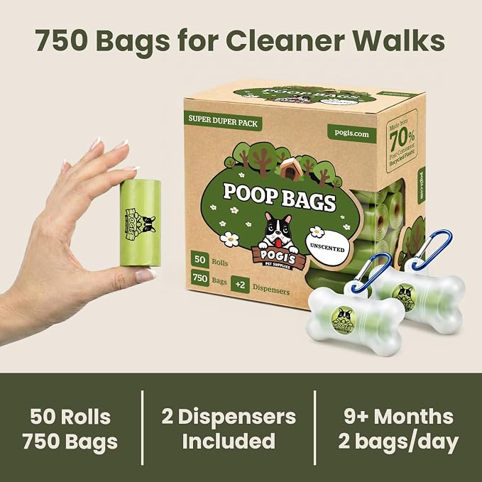 Pogi’s Dog Poop Bags – Leak-Proof & Extra Thick Pet Waste Bags with 2 Holders (Unscented, 50 Rolls, 750-Count)