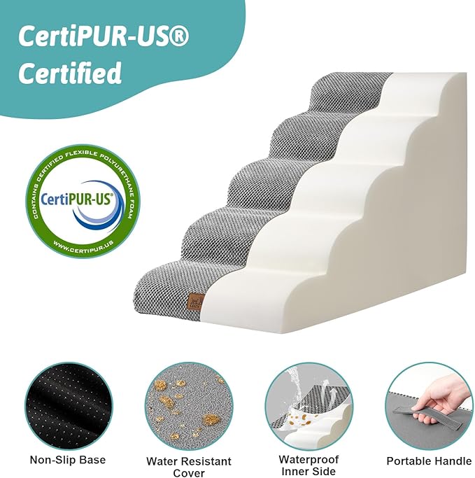 COZY KISS Dog Stairs for Small Dog 22.6" H, Curved Pet Step for Puppy, Older Cat, Medium Pet Ramp for High Bed, Ladder with High Density Foam, Durable, 5 Step, 15.7x33x22.6 inch, Grey