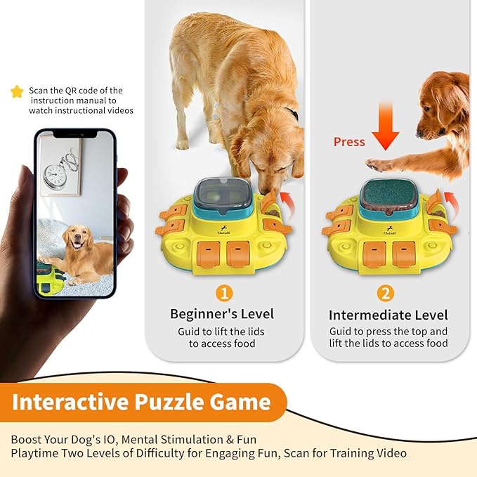 Dog Puzzle, 3-in-1 Dog Toy: Interactive Dog Toys, Puzzle, Slow Feeder Dog Bowls & Nail File Yellow