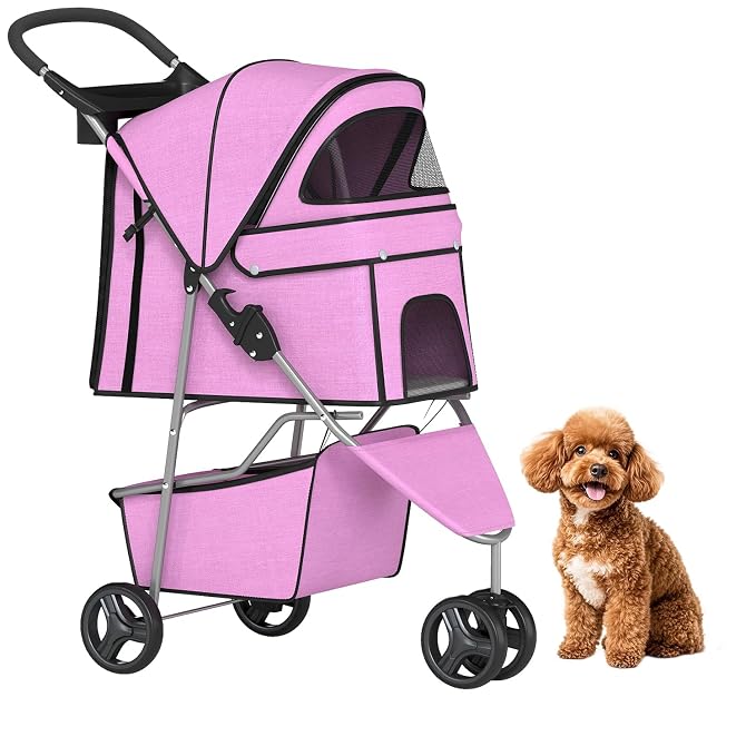 BestPet 3-Wheel Pet Stroller - Pink, Breathable Mesh