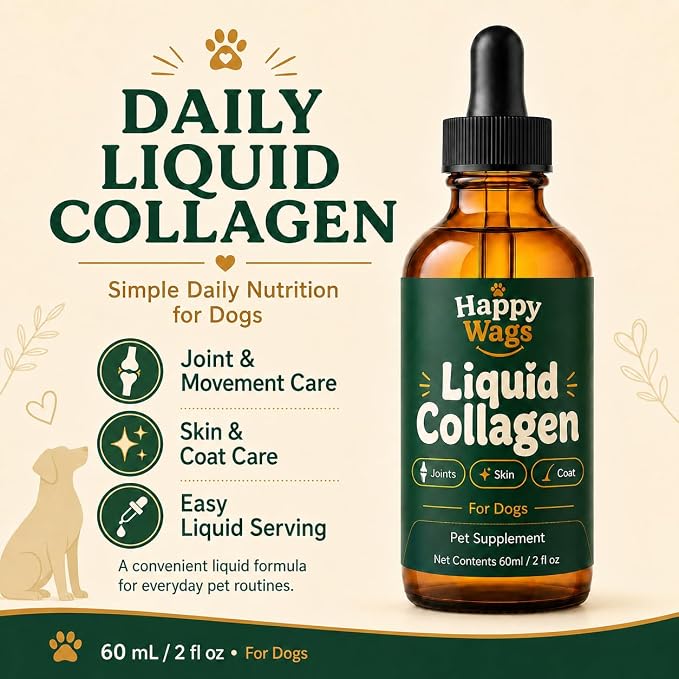 Happy Wags Premium Liquid Collagen for Dogs, Joint Care, Skin & Coat, Coat Support, 2 fl oz