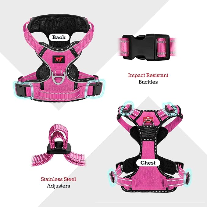 Tuff Pupper No Pull Easy Walk Dog Harness | Heavy Duty Pet Vest | Front & Back Leash Clips | Strong Safety Handle | Reflective Anti Pull Vest | Comfortable Padded Escape Proof Harness (Large, Pink)