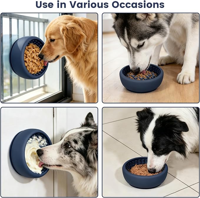 Dog Licking Bowl,Slow Feeder Dog Freeze Bowl, Anxiety Relief Treat Dispenser, Silicone Anti-chocking Pet Dish, Non-Slip Interactive Entertainment Puzzle Toy for Small & Medium-Dark Blue