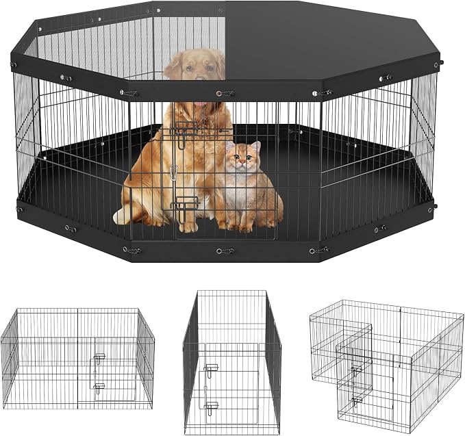 VEVOR Foldable Dog Exercise Pen, 24in 8 Panels, with Top Cover & Bottom Pad