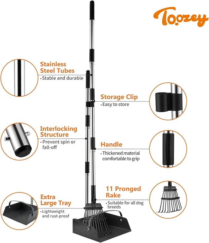 Toozey Dog Pooper Scooper for Large Dogs — 54" Extra Long Handle Poop Scooper for Yard Use, Extra Large Metal Tray & Bag Holder | Easy Cleanup for All Dog Sizes with 20 Bags