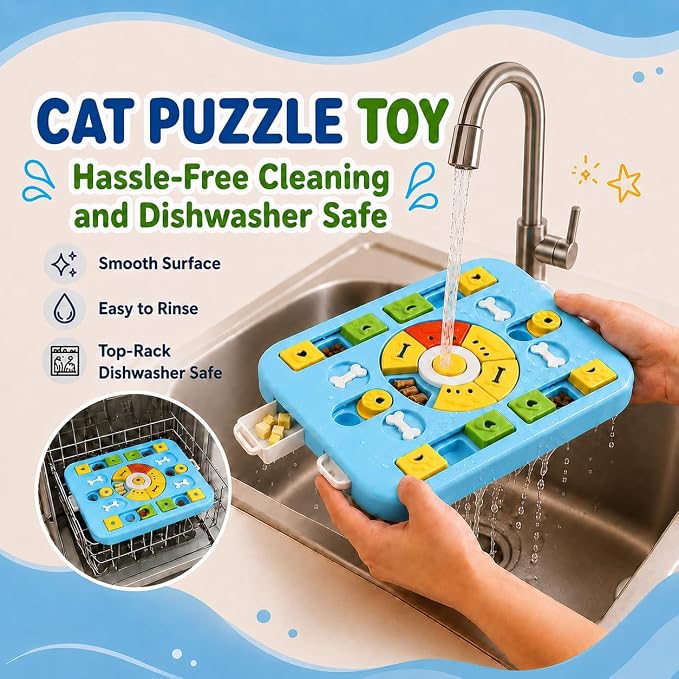 Interactive Dog Puzzle Toy, Maze Slow Feeder, 15.4 in | Dog Treat Puzzle, ABS and PP plastic, non-slip rubber feet, top-rack dishwasher care, light blue, Cat Treat Puzzle