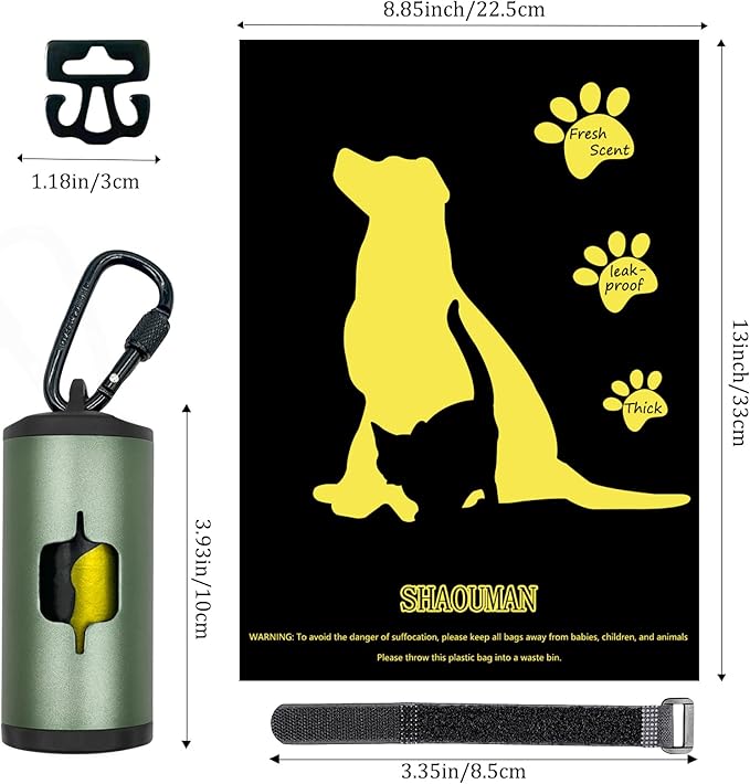 Metal Dog Poop Bag Holder 2-Pack w/Leash Clip|Durable Scratch-Resistant Aluminum|30 Bags+6 Accessories（Dark Green）