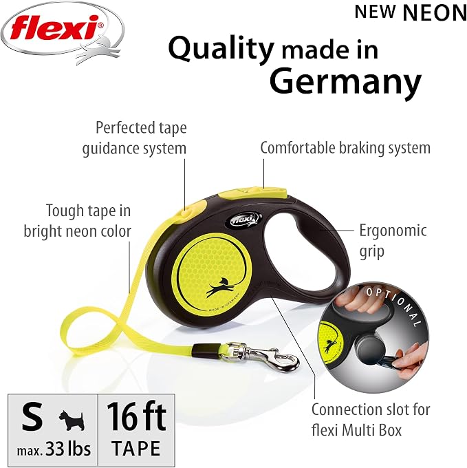 FLEXI® Neon Tape Retractable Dog Leash, Small, 16 ft - Neon Yellow/Black | German engineered, original flexi leash, durable quality for dogs up to 33 lbs, tangle-free, walking, reliable brake system