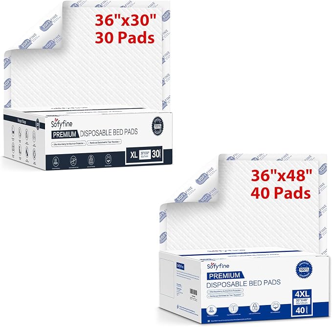 SOFYFINE Bundle Total 70 Pads,Tear Resistant Disposable Bed Pads 30"x 36"(30 Count),Extra Large Disposable Bed Pads 36"x 48"(40 Count),10X Super Absorbency Heavy Duty Puppy Training Pads