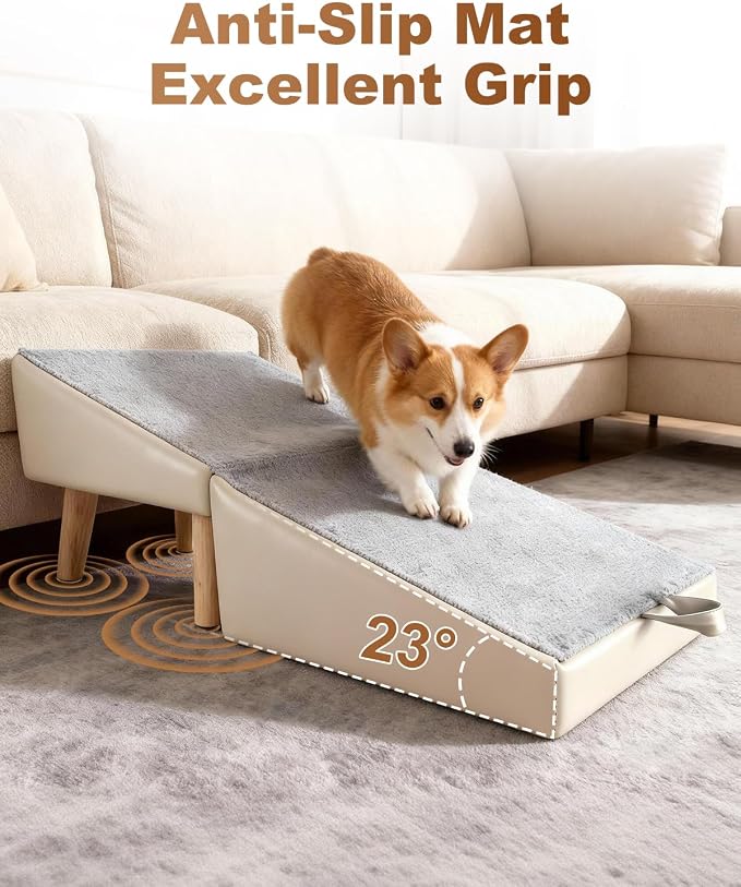 Dog Ramp for Couch Sofa and Low Bed, 15.7" W 2-in-1 Foldable Split Ottoman&Steps, Non-Slip Wooden Pet Stairs for Small Senior Injured Dogs & Cats, Grey