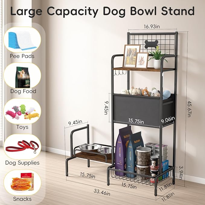 Elevated Dog Bowl Stand, Adjustable Raised Dog Stand, Pet Feeding Station Cabinet with Storage Organizer, Large Toy Bin Basket, Lifted Food and Water Bowl Holder for Large Medium Small Breed