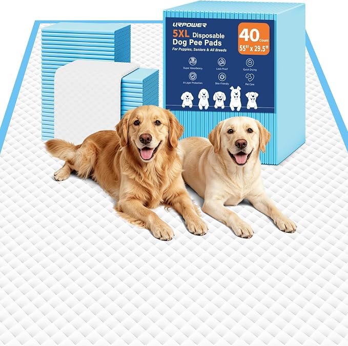 URPOWER Extra Large Dog Pee Pads 55"x29.5" 40 Count, 5XL Super Absorbent Puppy Pads Disposable Potty Training Pads for Dogs & Cats, Leak-Proof Wee Wee Pads, Pet Pee Pads for Car, Crate, Sofa