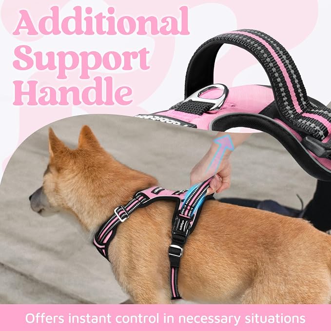 rabbitgoo Dog Harness for Large, No Pull 3 Buckles Easy On & Off | Soft Padded, Walking with Control Handle, Adjustable and Reflective, Light Pink, Large
