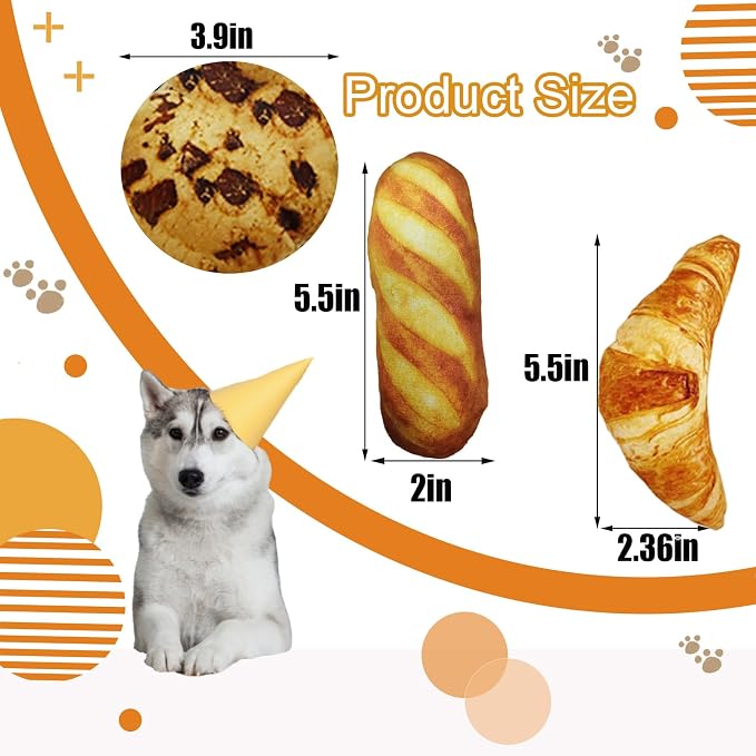 Cute Dog Toys Set,Food Shape Squeaky Plush Toys for Puppy, Cute Stuffed Breads Breakfast Dog Teeth-Cleaning Chew Toy with Squeakers for Puppy Small Medium Dogs (3 Pack)