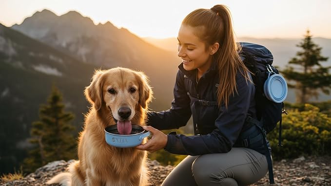 Blue Slow Feeder Travel Dog Bowl Set, 30oz Steel + 20oz Silicone