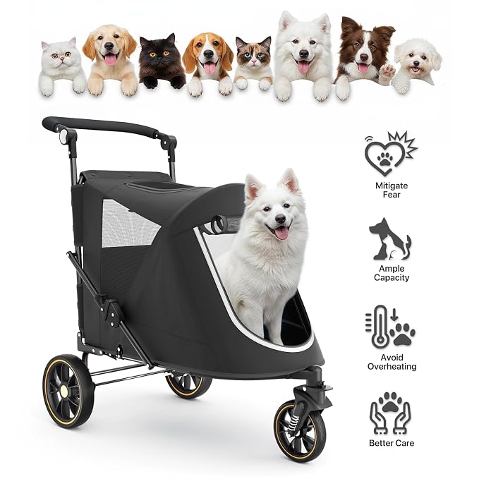 MoNiBloom 3-Wheel Pet Stroller for Large Dogs - Black, up to 55lbs, Dual Entry