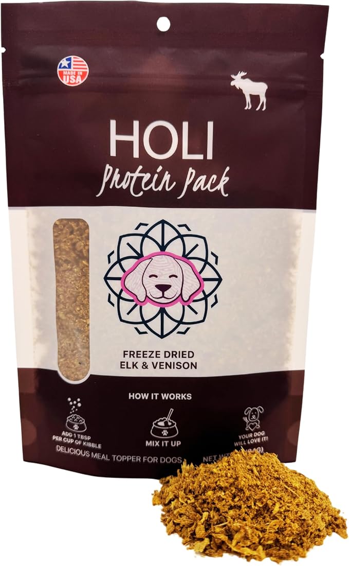 HOLI Freeze Dried Elk and Venison Dog Food Topper - 96% Meat, Wild Caught Free Range - Freeze Dried Dog Food Flavor Enhancer for Picky Dogs – 100% All Natural - 3oz