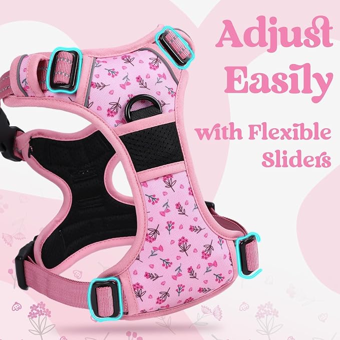 rabbitgoo Dog Harness Medium Sized, Updated Easy On & Off with 3 Buckles | No Pull No Choke, Walking with 2 Clips and Handle, Adjustable Soft Reflective, Floral Pink, Medium