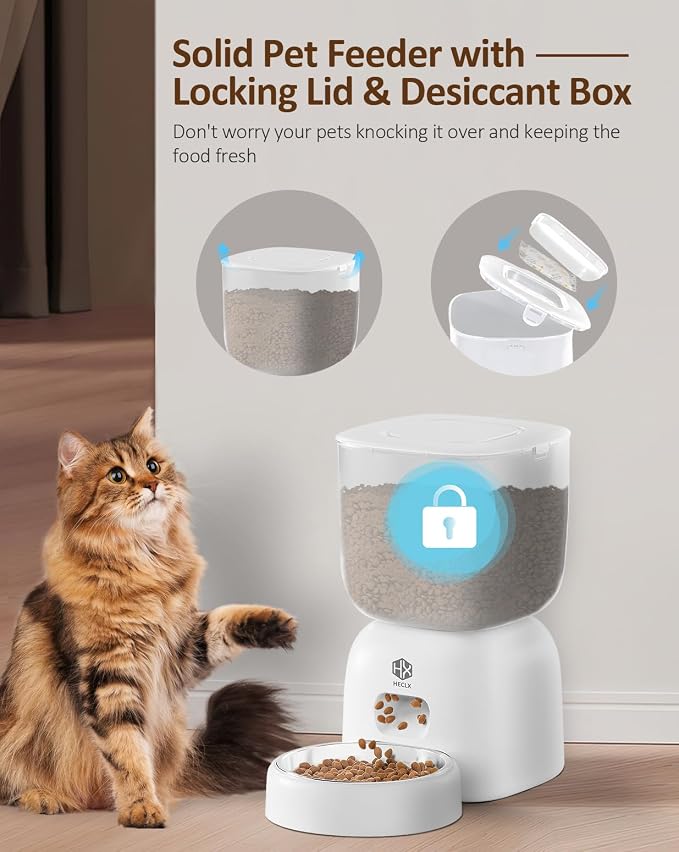 HX HECLX Automatic Cat Feeder with 3L Dry Cat Food Dispenser and 2L Water Fountain, Timed Dog Feeder with Portion Control and Daily Meals, Wire/Battery Automatic Feeders, White