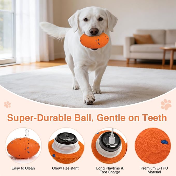 Interactive Dog Toys Ball Automatic Active Rolling Ball for All Dog(Vorange | Moving bouncing & rotating pet ball with colorful lights. Solid E-TPU material, IPX7 waterproof for small medium large dogs