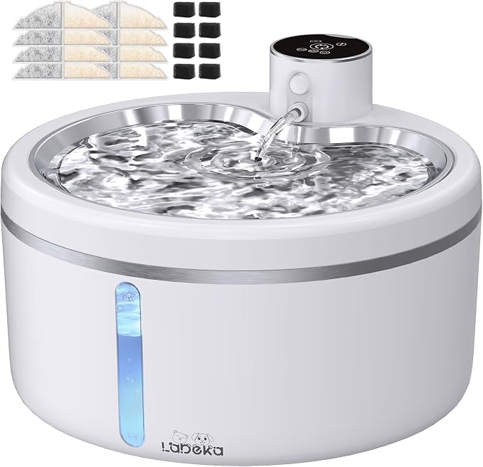 Wireless Cat Water Fountain [with Stainless Steel Tray], 84oz/2.5L Pet Fountain for Cats Inside, Cat Fountain for Drinking with Motion Sensor, Ultra Quiet for Small Animals-[BPA-Free] (84oz+8Filters)
