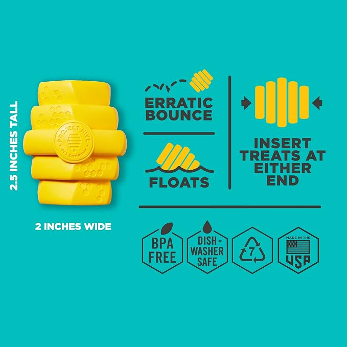 Hive Chew Toy for S/M Dogs – Yellow/Unscented – Chew, Fetch, & Treat-Dispensing Enrichment Toy, Floats, Made in USA, Pairs with Hive Chew Sticks for S/M Dogs for Longer-Lasting Play