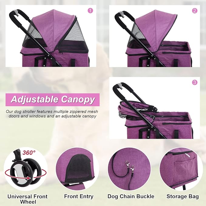 BestPet Premium 3-in-1 Pet Stroller - Purple, 3-Wheel