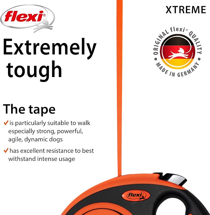 FLEXI® Xtreme Tape Retractable Dog Leash, Medium, 16 ft - Orange/Black | German engineered, original flexi leash, durable quality for dogs up to 77 lbs, tangle-free, walking, reliable brake system