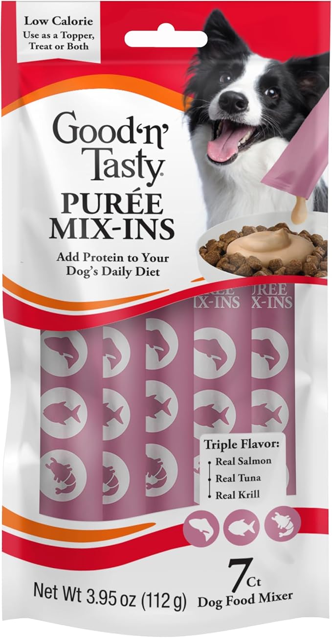 Good 'n' Tasty Triple Flavor Puree Mix-Ins Dog Food Topper Treats for All Dogs, 7 Count, Easy Single-Serve Portions, Added Protein with Salmon, Tuna and Krill, No Chicken or Beef Added