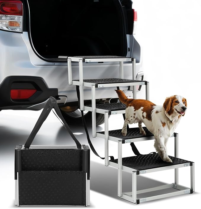 Auto Dynasty Dog Stairs for Large Dogs, 5 Step Foldable Dog Ramp for Car, Truck and SUV with Non-Slip Surface, Lightweight Pet Stairs Suitable for Sofas and Bed, Supports Up to 150 lbs