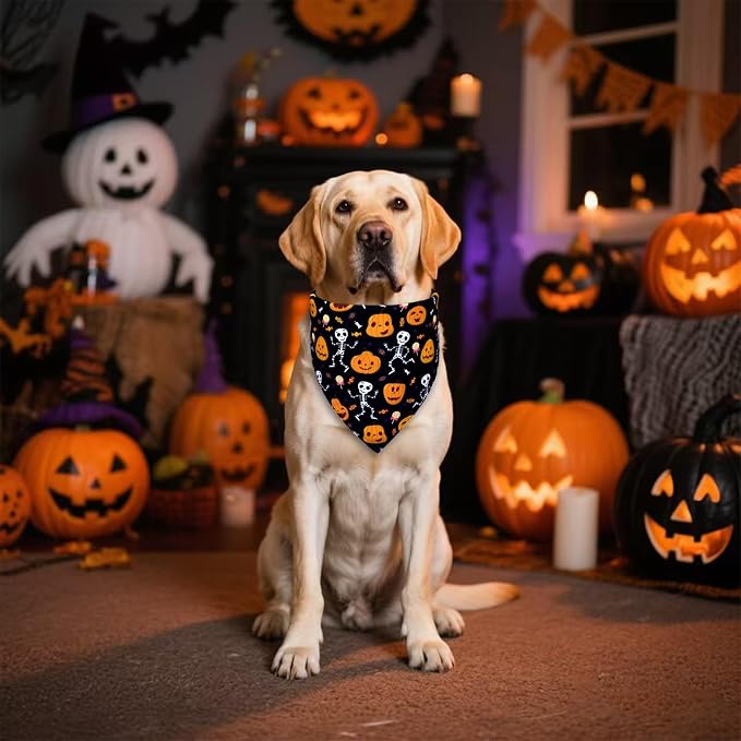 Halloween Dog Bandana for Large Dogs, Pumpkin, Large, Black