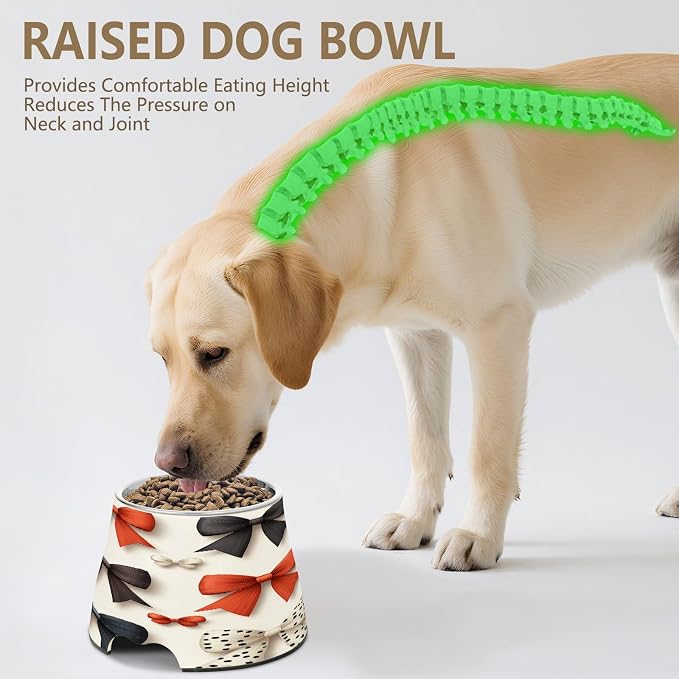 Blueangle Elevated Dog Bowls with Stainless Steel - Non-Slip 2.3 Cup High Capacity Pet Dish for Spinal Health & Red Bow Design（403）
