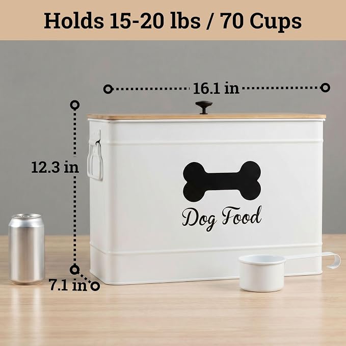 Metal Dog Food Container 15-20 lbs w/ Airtight Bamboo Lid, 20 lbs, Bamboo, White
