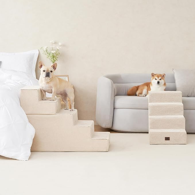 EHEYCIGA Dog Stairs for High Bed 25" H, 5-Step Extra Wide Dog Steps for Bed, Pet Steps for Small Dogs and Cats, Non-Slip Balanced Pet Ramp Indoor, Beige