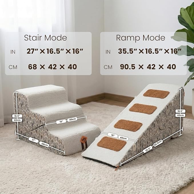 Laifug Pet Dog Stairs for Small Dogs 16.5" H, 2 in 1 Transformable 3-Step Pet Stairs and Dog Ramp for Couch (13-20 in), Beige Adjustable Pet Steps with Non-Slip Waterproof Cover
