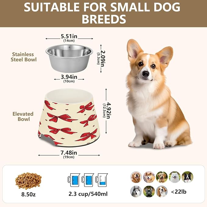 Blueangle Elevated Dog Bowls with Stainless Steel - Non-Slip 2.3 Cup High Capacity Pet Dish for Spinal Health & Red Bows Design（310）