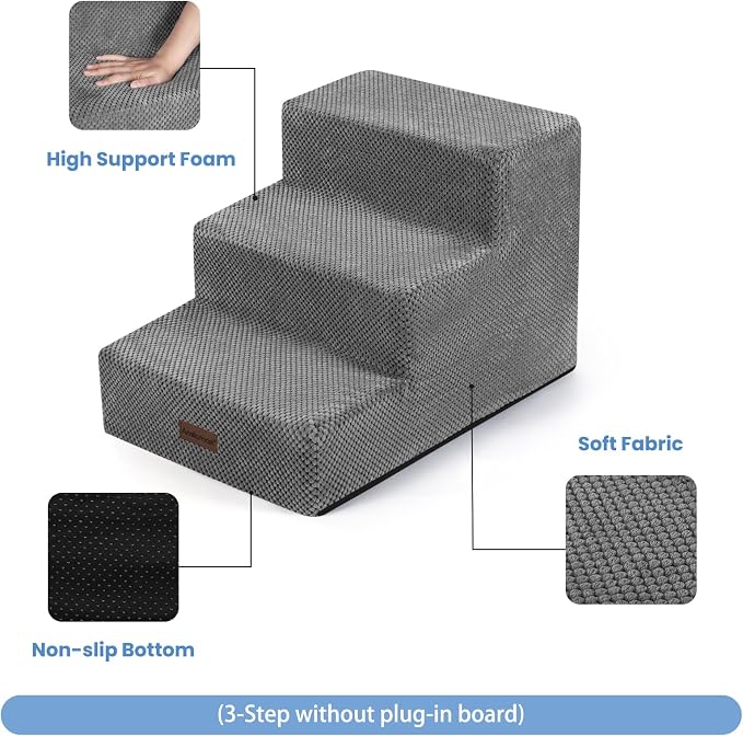 Aodisman Dog Stairs for Small Dogs & Cats,3-Step Extra Wide Non-Slip Pet Steps for Couch Sofa and Chair,Grey,15.7" H