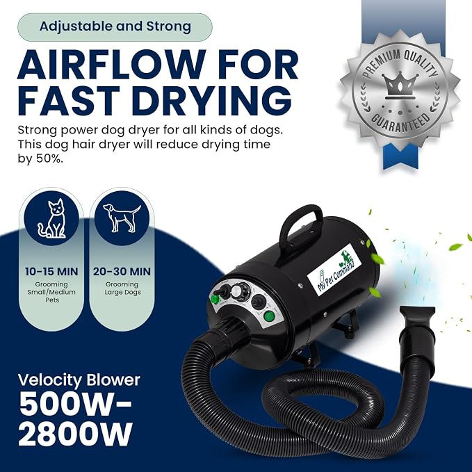 My Pet Command Professional 4.5HP Dog Dryer Blower High Velocity, 110V | 500W-2800W, Ultra Quiet, Adjustable Hot Cold Airflow and Windspeed , For Drying Deshedding, With 4 Nozzles and Slicker Brush