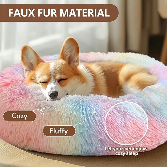 JOLLYVOGUE 23" Calming Donut Dog & Cat Bed, Rainbow