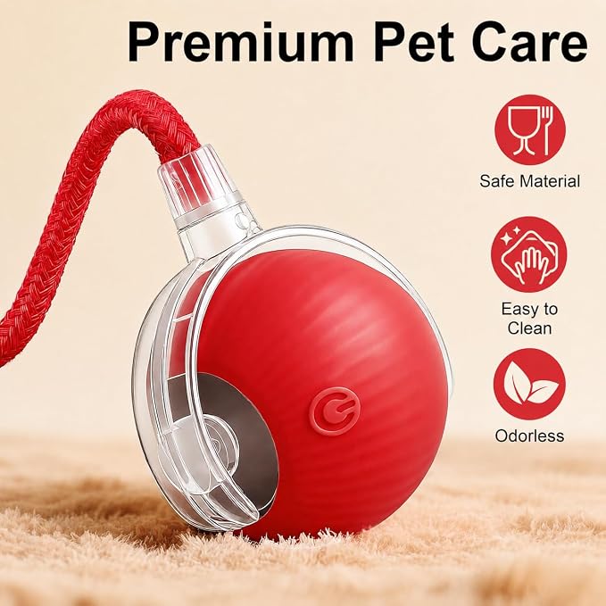 Interactive Automatic Rolling Electronic Stimulation Chase Ball Cat Dog Toy | Smart Electric Moving Stimulating Rechargeable Motion Activated Self Play Teaser for Boredom Small Dog Puppy Pet, with Rope
