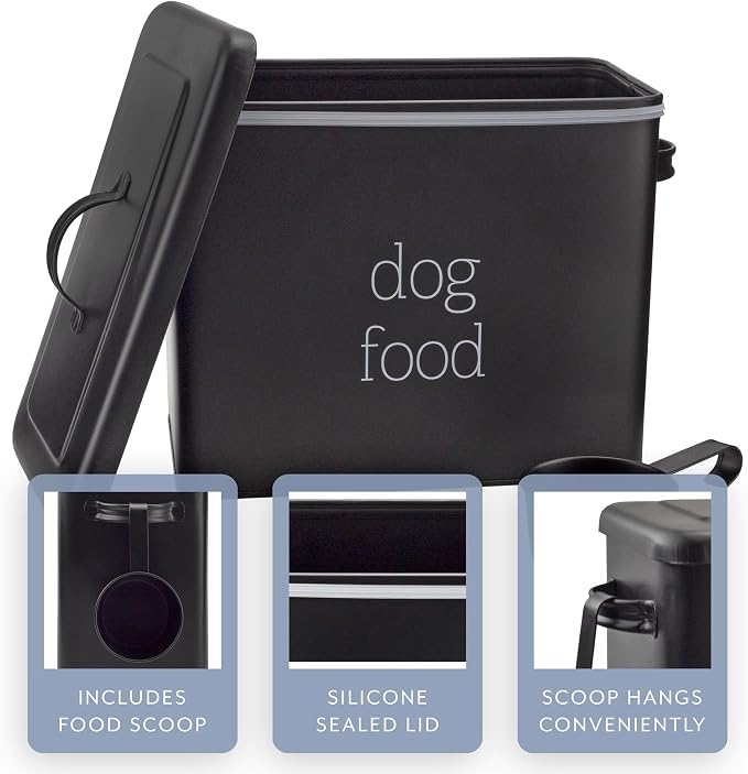 AuldHome Design Retro Dog Food Canister (Black); Modern Farmhouse Style Storage Bin for Pet, Stainless Steel, Black