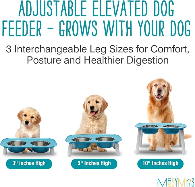 Messy Mutts Elevated Double Dog Feeder, Adjustable Height, Blue | Adjustable-Height Elevated Double Dog Feeder With Two 5 Cup Stainless Bowls, Legs Set To 3, 5, Or 10 Inches