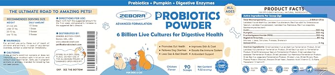 ZEBORA Probiotics for Dogs Powder, Chicken Flavor, 90 Scoops