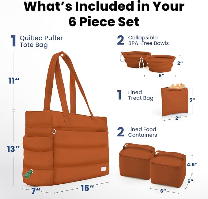 rubyloo Puffer Dog Travel Bag with Bowls & Food Storage, Rust