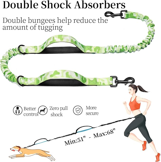 iYoShop Hands Free Dog Leash with Zipper Pouch, White-Green Mix, Large | Waist Leash, Dual Padded Handles, Shock-Absorbing Bungee, Adjustable Waist Belt, Walking and Running