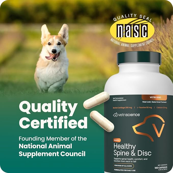 VetriScience Healthy Spine & Disc Easy-Open Capsules, Back and Spinal Support Chondroitin and Taurine Supplement for Dogs, Perfect for Dachshunds, Corgis, Frenchies, Basset Hounds & More, 180 Count