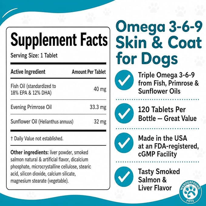 Wanderfound Pets - Omega 3 Fish Oil for Dogs, Smoked Salmon and Liver Flavor, 120 Chewable Tablets