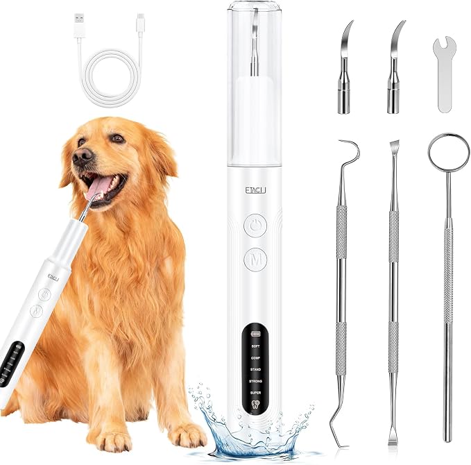ETACCU Dog Plaque Remover for Teeth, Dog Plaque Remover Tool with LED Light, 5 Modes Teeth Cleaning Tools, Low Noise Pet Tooth Brushing Kit Dental Tools for Dog and Cat, White