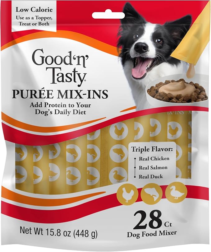 Good 'n' Tasty Triple Flavor Puree Mix-Ins Dog Food Topper Treats for All Dogs, 28 Count, Easy Single-Serve Portions, Added Protein with Chicken, Salmon and Duck